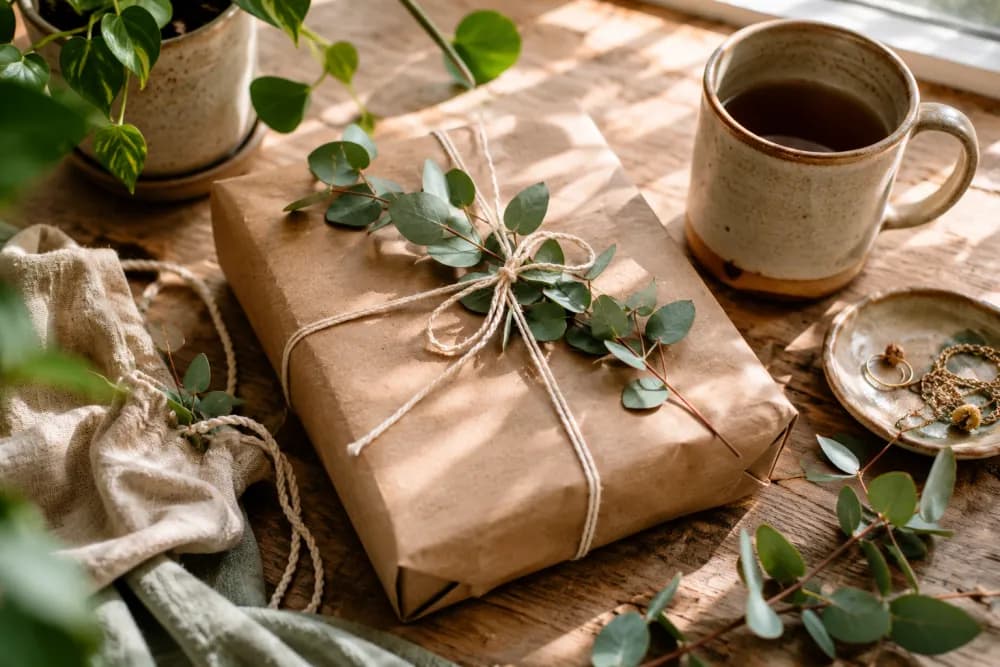 Nachhaltig in Kraftpapier verpacktes Geschenk mit Eukalyptuszweig